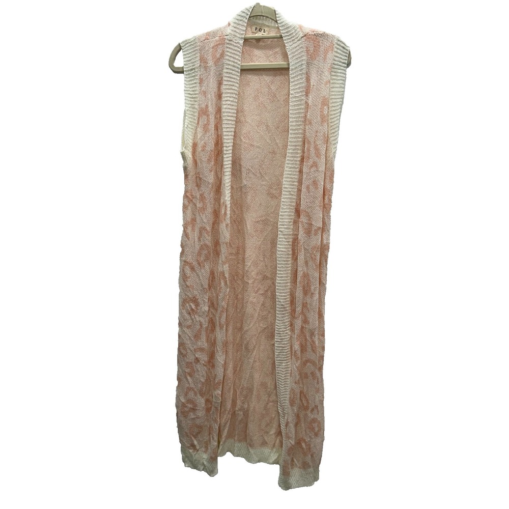 POL Cardigan Womens Medium Pink Cream Animal Print Open Front Sleeveless Duster